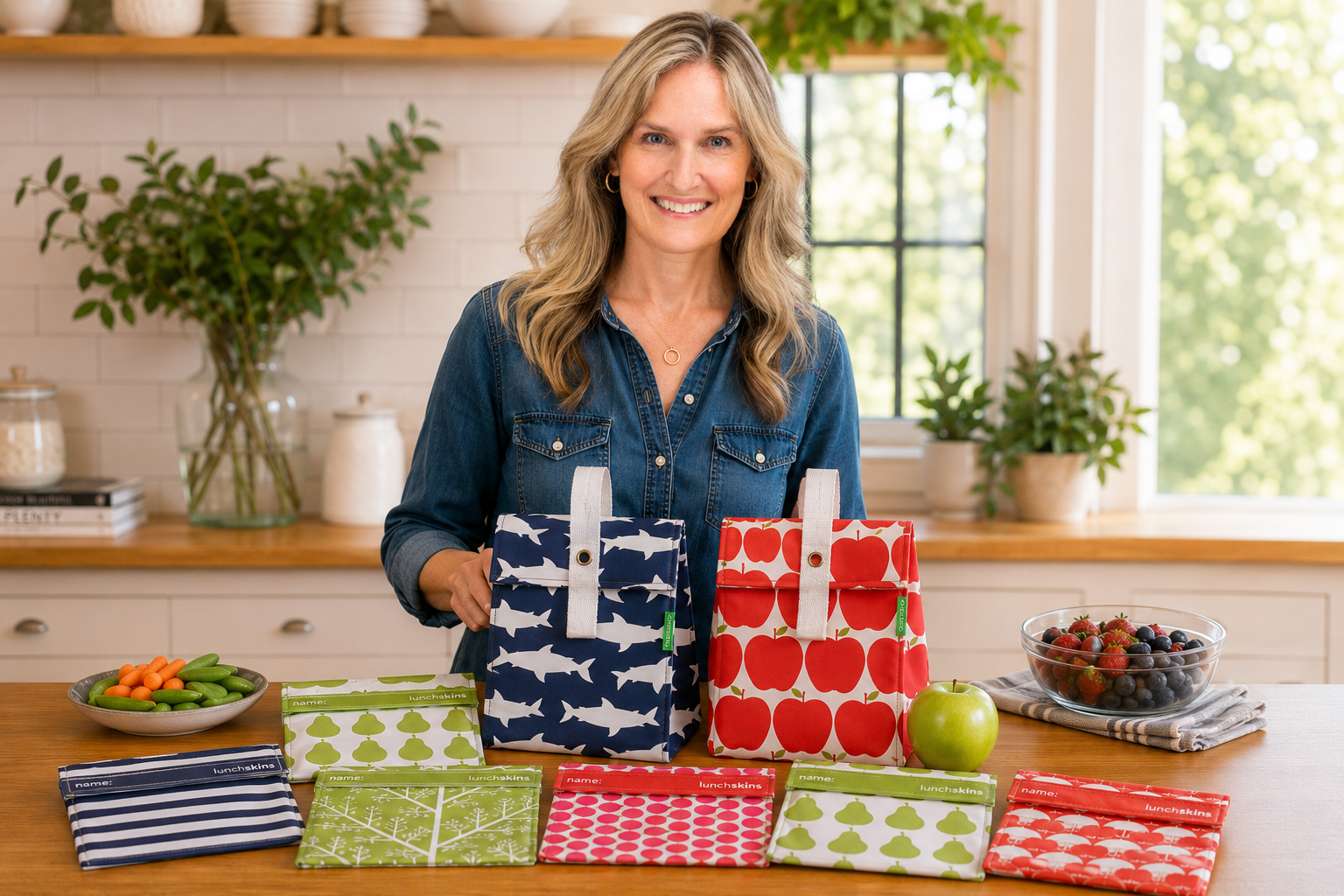 Image of Woman in a kitchen with reusable shopping bags featuring various patterns