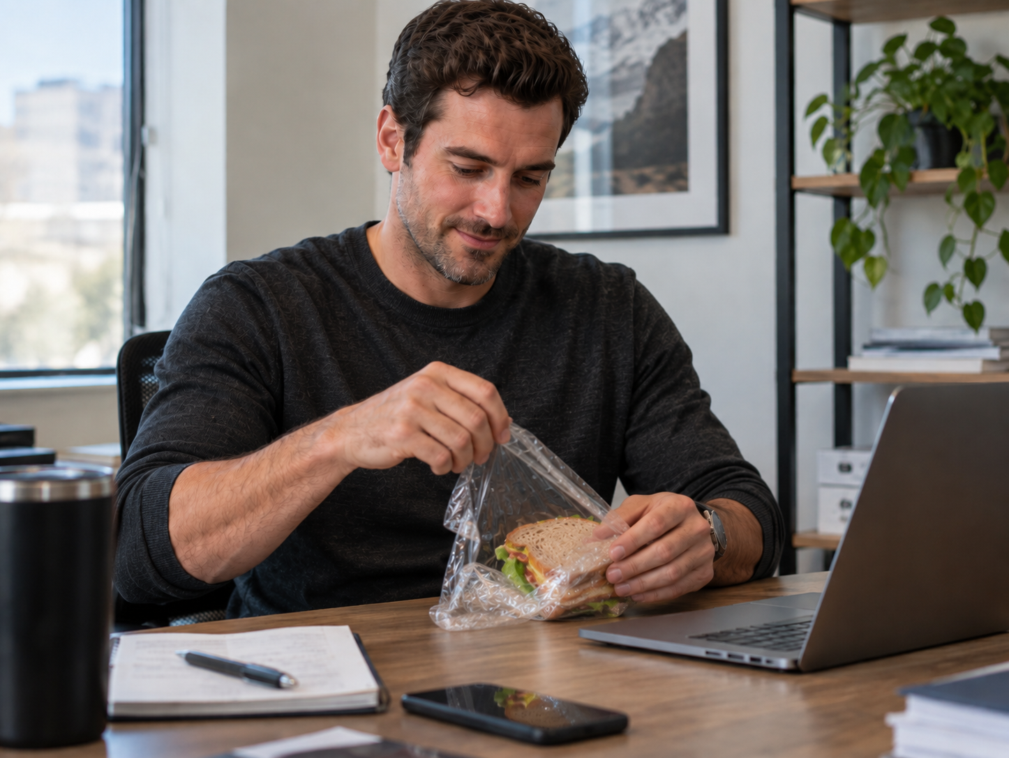 Image of Man with Lunchskins Food Cling Wrap at the office