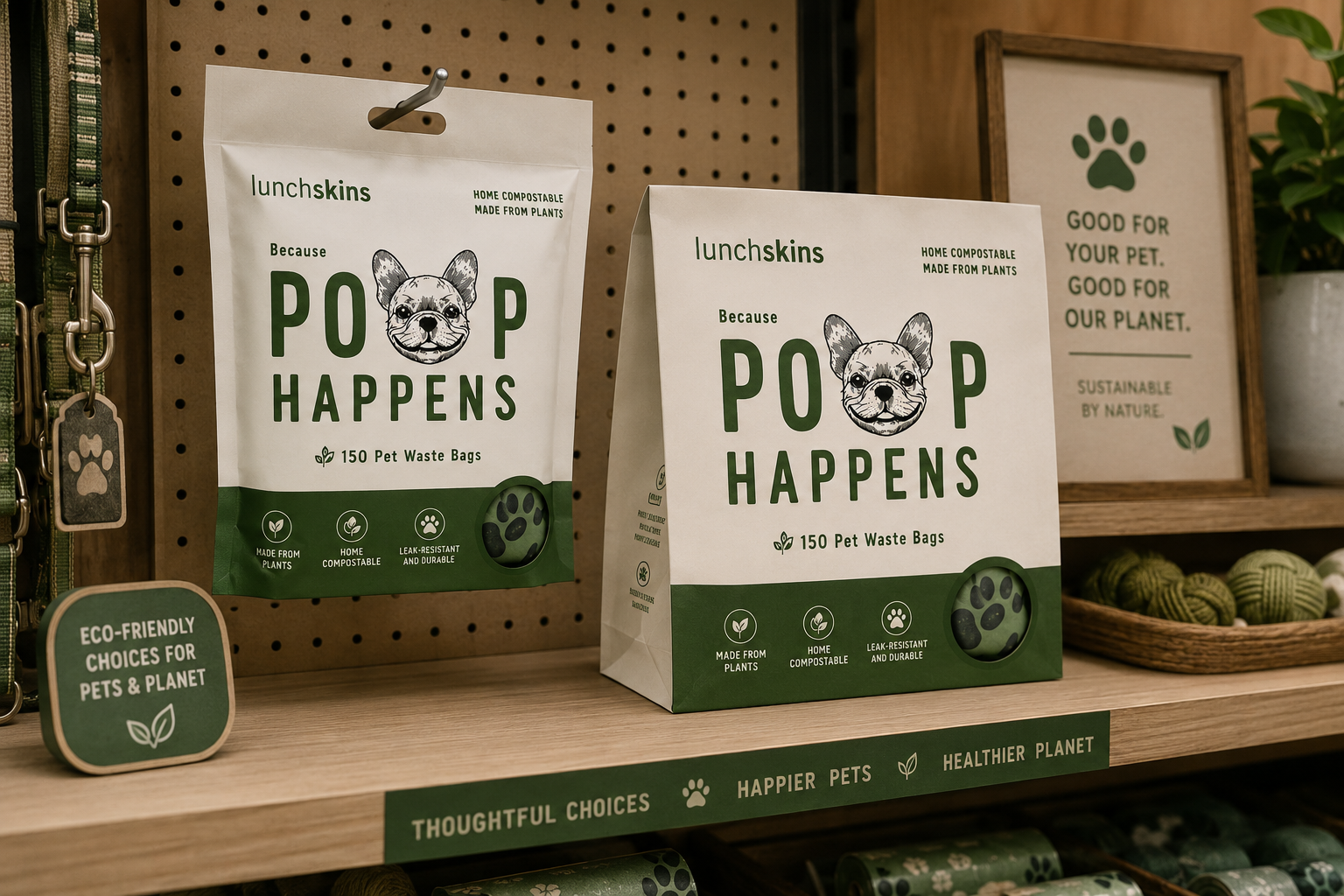 Image of Two packages of lunchskins pet waste bags on a shelf with a plant and framed picture in the background.