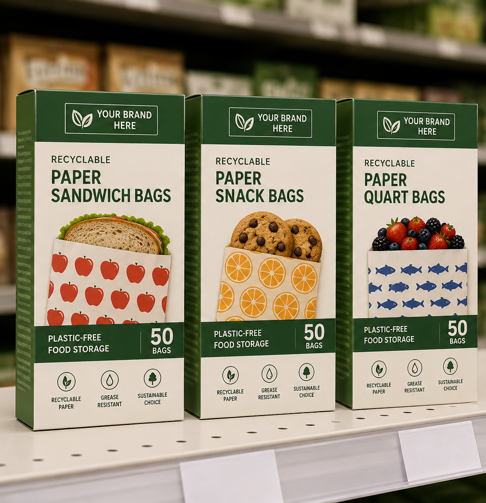 Image of Three boxes of recyclable paper bags on a shelf with branding space.