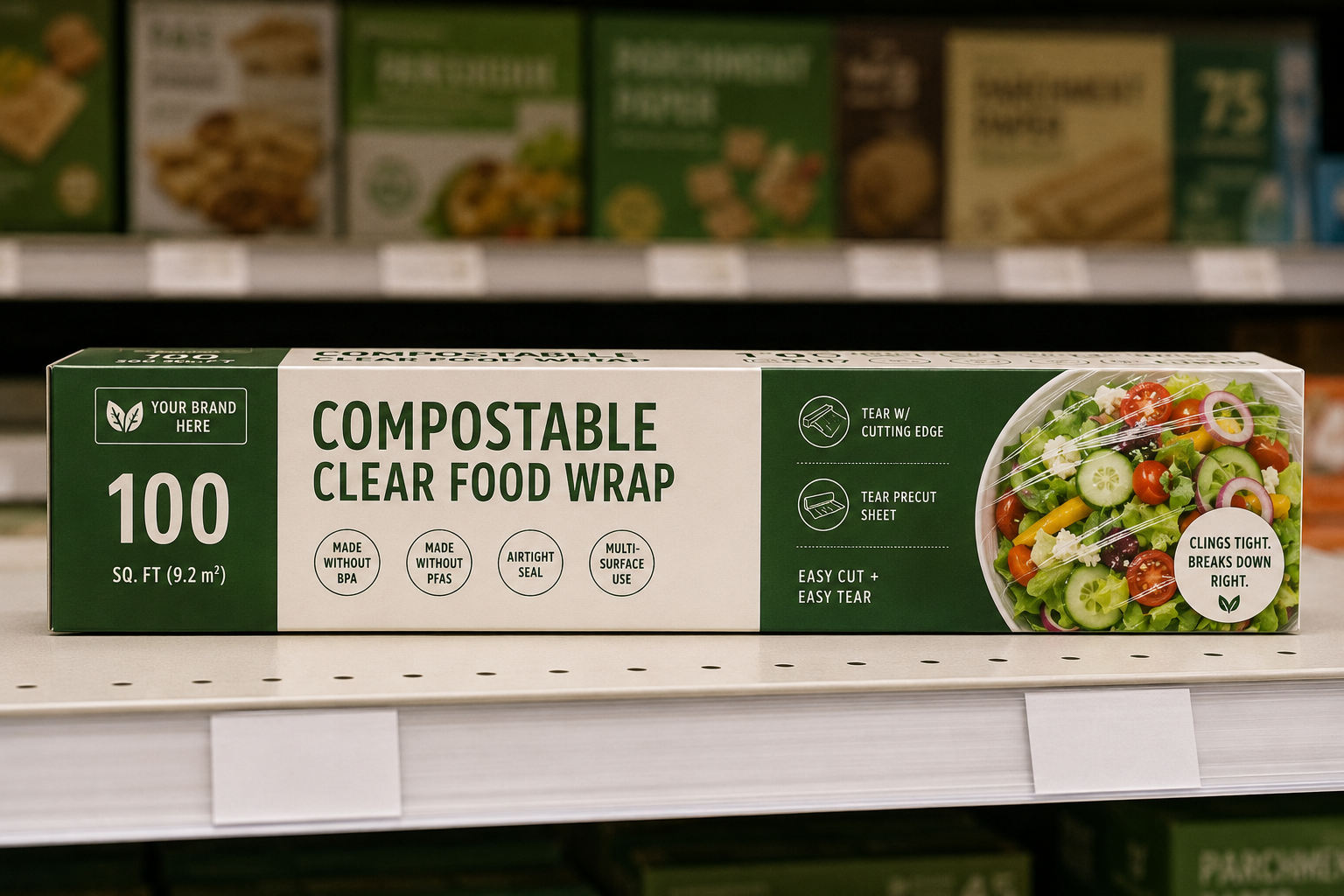Image of Compostable clear food wrap packaging on a shelf with branding space.