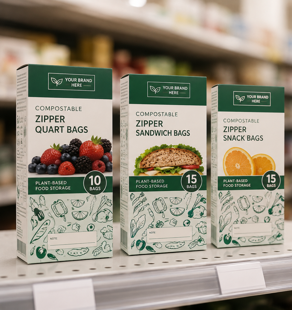 Image of Three boxes of compostable zipper bags on a store shelf with placeholder branding.