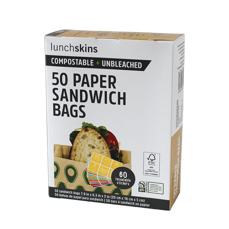 Compostable + Unbleached + Non-Wax Paper Sandwich & Snack Bags 50 Count Box - Avocado