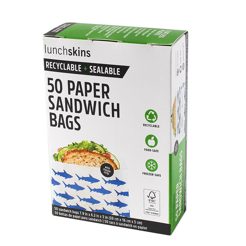 Recyclable + Sealable Paper Sandwich Food Storage Bag Navy Shark 50 Count
