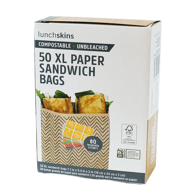 Unbleached + Non-Wax XL Sandwich Paper Bags 50 Count Box - Chevron